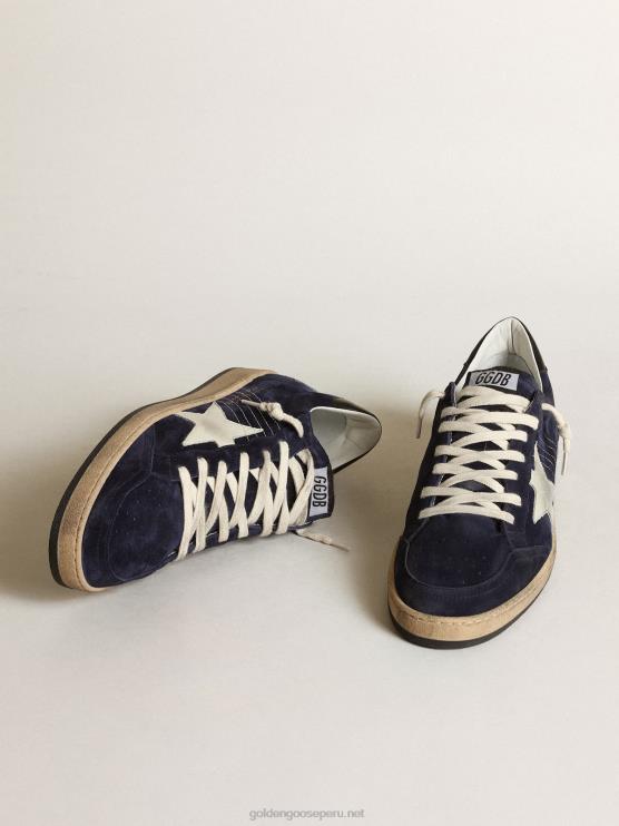 FDVPX679 Golden Goose hombres Deportivas ball star de ante azul oscuro con estrella de nubuck blanco roto y refuerzo del talón de napa negra