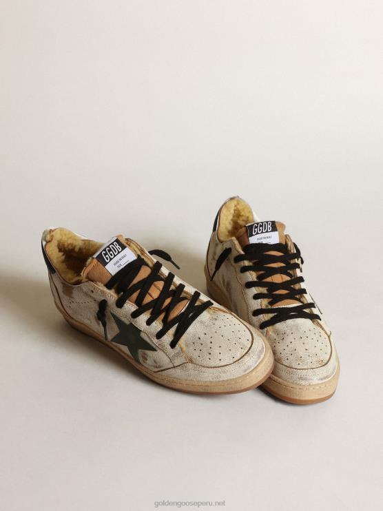 FDVPX684 Golden Goose hombres Zapatillas deportivas ball star de piel blanca brillante con estrella de piel verde oscuro y forro de borrego