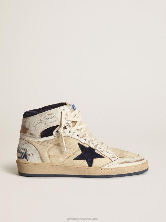 FDVPX519 Golden Goose hombres Zapatillas sky-star de nailon color crema y piel blanca con estrella de ante azul oscuro
