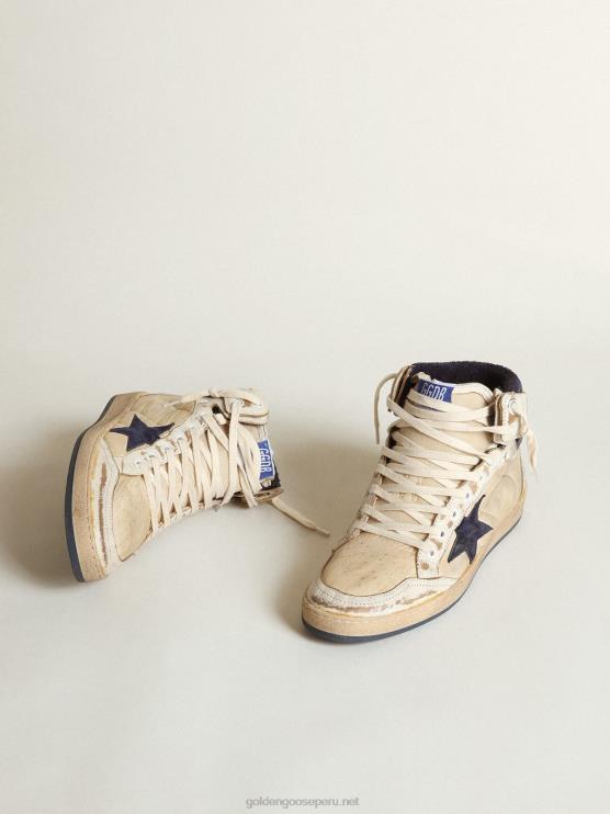 FDVPX519 Golden Goose hombres Zapatillas sky-star de nailon color crema y piel blanca con estrella de ante azul oscuro