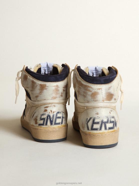 FDVPX519 Golden Goose hombres Zapatillas sky-star de nailon color crema y piel blanca con estrella de ante azul oscuro