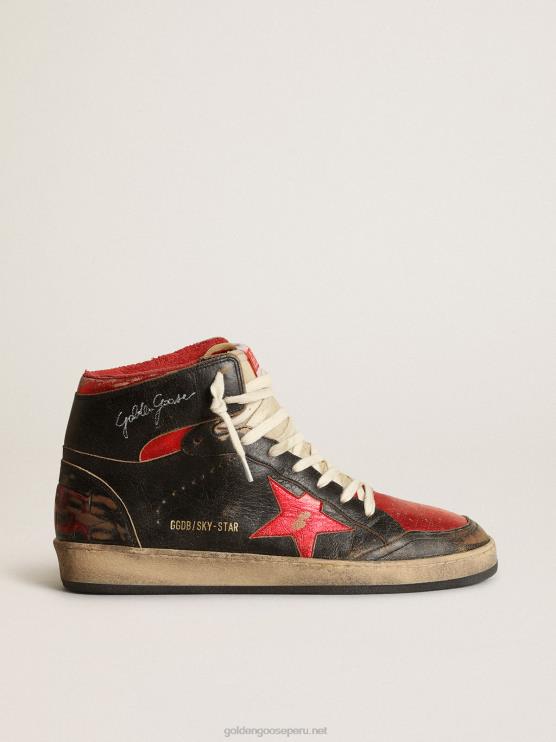 FDVPX539 Golden Goose hombres zapatillas sky-star de piel negra brillante con estrella de piel roja metalizada