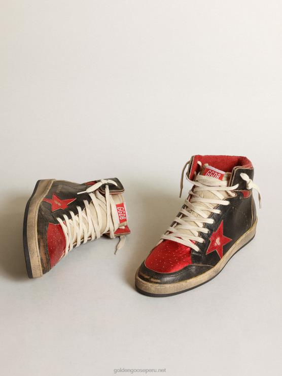 FDVPX539 Golden Goose hombres zapatillas sky-star de piel negra brillante con estrella de piel roja metalizada