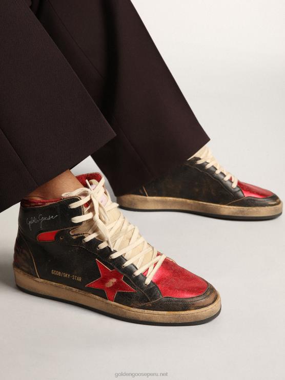 FDVPX539 Golden Goose hombres zapatillas sky-star de piel negra brillante con estrella de piel roja metalizada