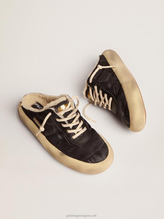 FDVPX613 Golden Goose hombres sabot space-star de nailon negro acolchado con forro de borrego