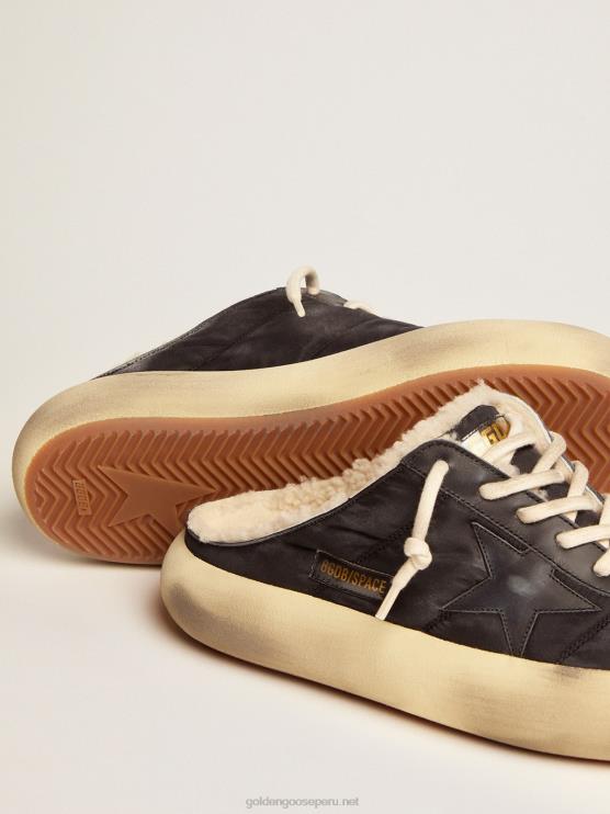 FDVPX613 Golden Goose hombres sabot space-star de nailon negro acolchado con forro de borrego