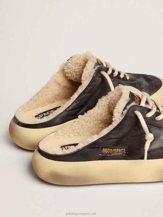 FDVPX613 Golden Goose hombres sabot space-star de nailon negro acolchado con forro de borrego