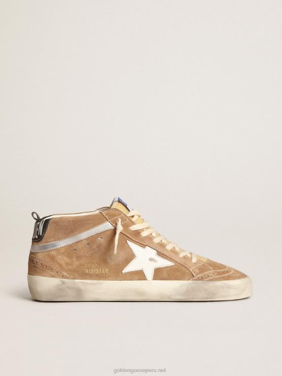 FDVPX538 Golden Goose hombres Deportivas mid star de ante color tabaco con estrella de piel blanca y flash de piel metalizado plata