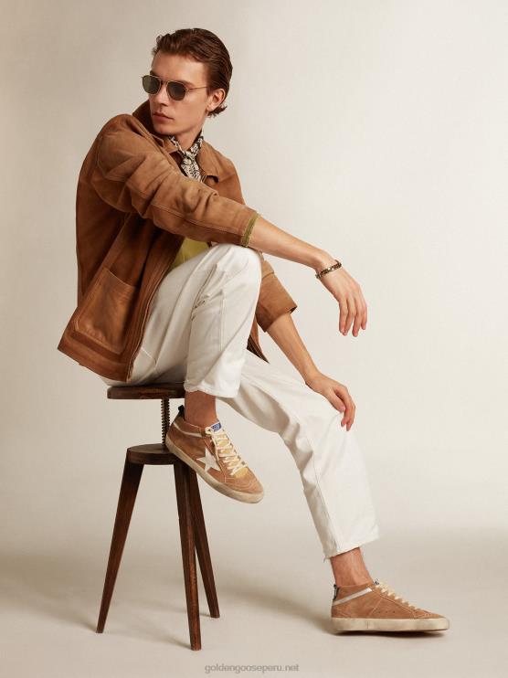 FDVPX538 Golden Goose hombres Deportivas mid star de ante color tabaco con estrella de piel blanca y flash de piel metalizado plata