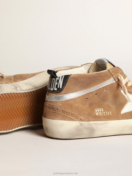 FDVPX538 Golden Goose hombres Deportivas mid star de ante color tabaco con estrella de piel blanca y flash de piel metalizado plata