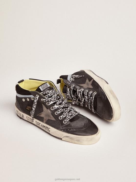 FDVPX551 Golden Goose hombres Zapatillas deportivas mid star ltd de piel y malla negras con estrella de piel metalizada gris oscuro