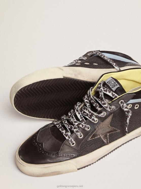 FDVPX551 Golden Goose hombres Zapatillas deportivas mid star ltd de piel y malla negras con estrella de piel metalizada gris oscuro