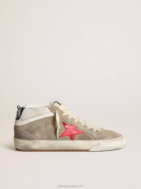 FDVPX567 Golden Goose hombres Zapatillas mid star de ante gris tórtola con estrella de piel roja metalizada y flash de piel blanca