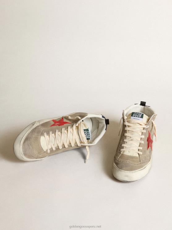 FDVPX567 Golden Goose hombres Zapatillas mid star de ante gris tórtola con estrella de piel roja metalizada y flash de piel blanca