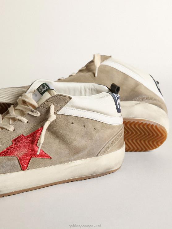 FDVPX567 Golden Goose hombres Zapatillas mid star de ante gris tórtola con estrella de piel roja metalizada y flash de piel blanca