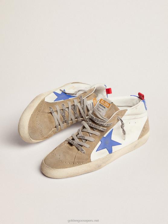 FDVPX589 Golden Goose hombres zapatillas mid star de piel blanca con estrella azul e inserciones gris tórtola