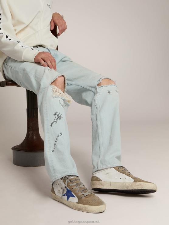 FDVPX589 Golden Goose hombres zapatillas mid star de piel blanca con estrella azul e inserciones gris tórtola