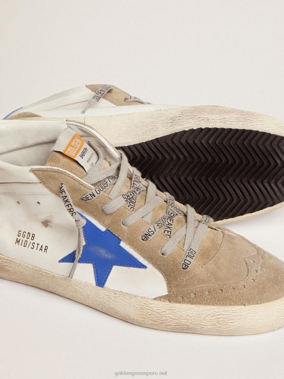 FDVPX589 Golden Goose hombres zapatillas mid star de piel blanca con estrella azul e inserciones gris tórtola