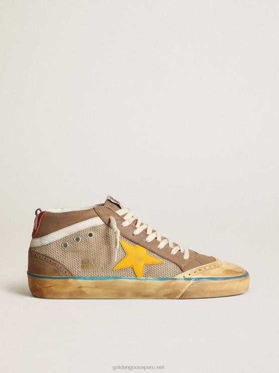 FDVPX657 Golden Goose hombres Zapatillas mid star de malla beige y nubuck gris tórtola con estrella de piel amarilla