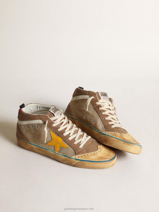 FDVPX657 Golden Goose hombres Zapatillas mid star de malla beige y nubuck gris tórtola con estrella de piel amarilla