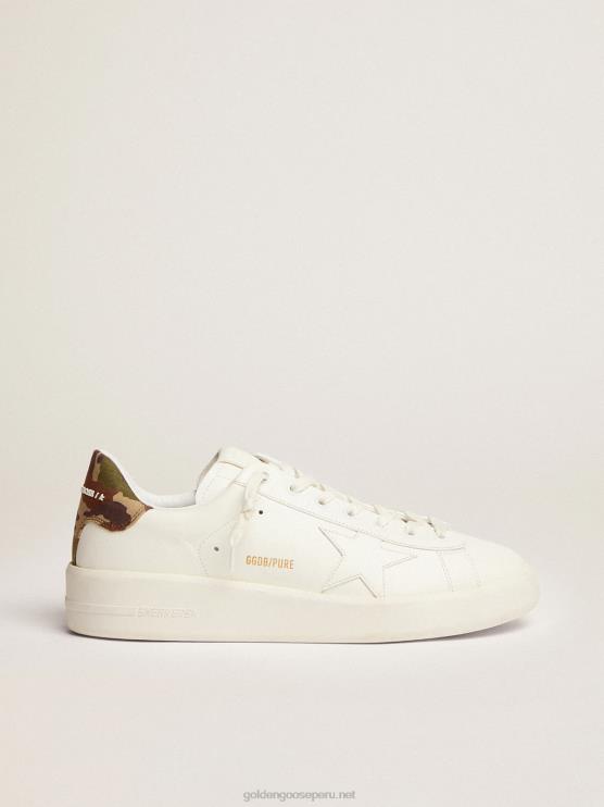 FDVPX527 Golden Goose hombres Zapatillas deportivas purestar de piel blanca con estrella tono sobre tono y refuerzo del talón verde de tejido ripstop con estampado de camuflaje