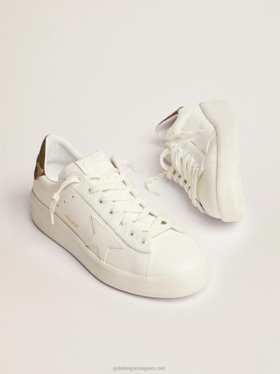 FDVPX527 Golden Goose hombres Zapatillas deportivas purestar de piel blanca con estrella tono sobre tono y refuerzo del talón verde de tejido ripstop con estampado de camuflaje
