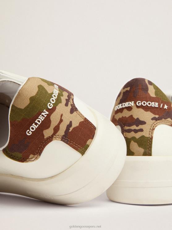 FDVPX527 Golden Goose hombres Zapatillas deportivas purestar de piel blanca con estrella tono sobre tono y refuerzo del talón verde de tejido ripstop con estampado de camuflaje