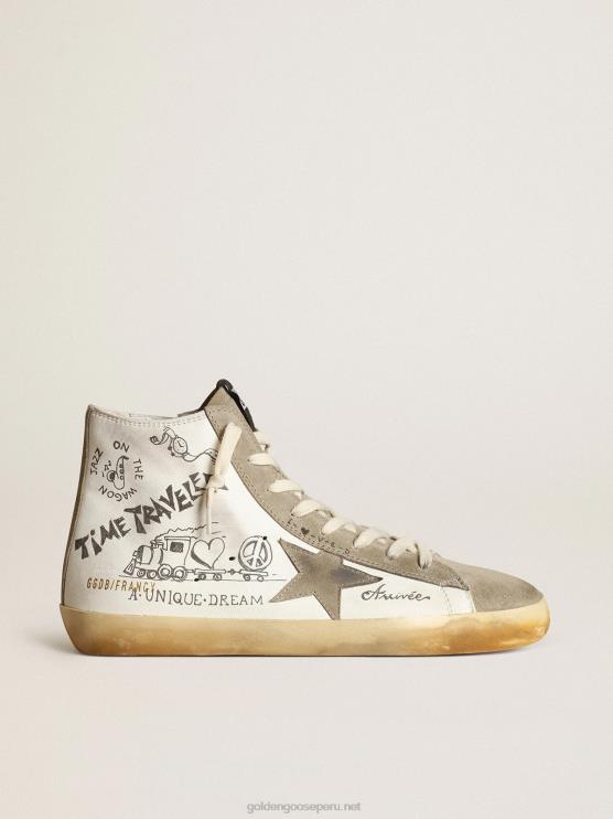 FDVPX537 Golden Goose hombres zapatillas francy con inserciones de ante gris paloma y letras negras por toda la superficie