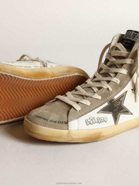 FDVPX537 Golden Goose hombres zapatillas francy con inserciones de ante gris paloma y letras negras por toda la superficie