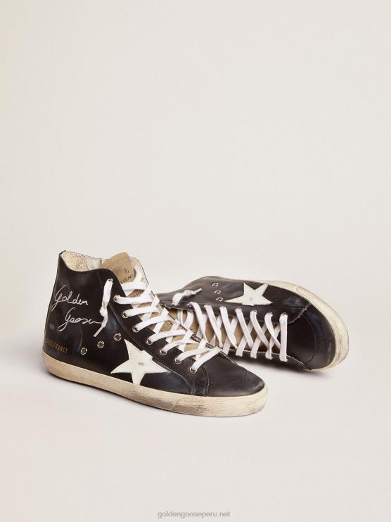FDVPX686 Golden Goose hombres zapatillas francy con parte superior de piel negra y estrella de piel blanca