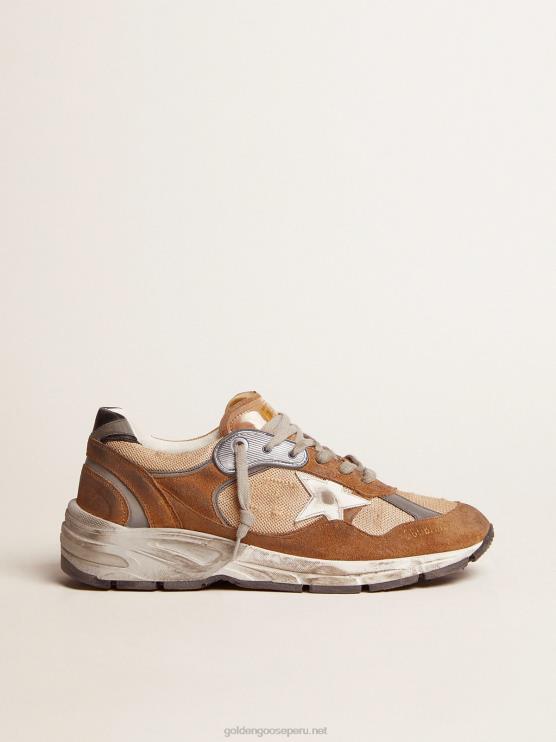 FDVPX526 Golden Goose hombres Zapatillas deportivas dad-star de malla y ante color tabaco con estrella de piel blanca y refuerzo del talón de piel negra