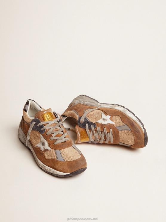 FDVPX526 Golden Goose hombres Zapatillas deportivas dad-star de malla y ante color tabaco con estrella de piel blanca y refuerzo del talón de piel negra