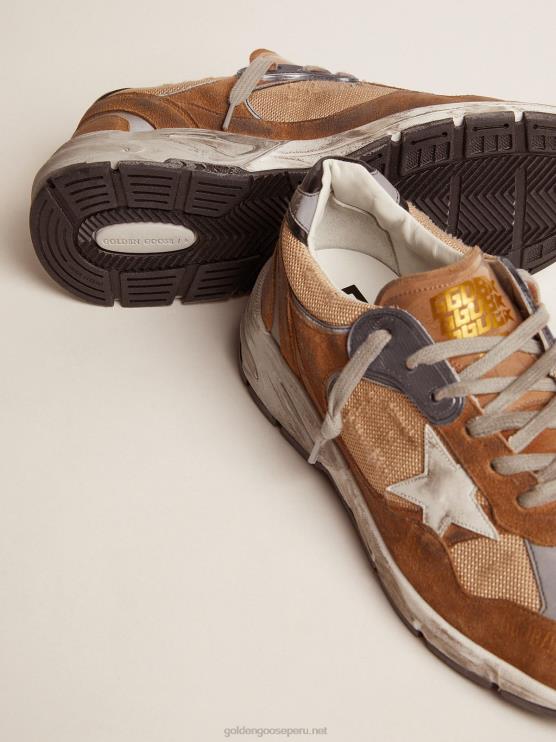 FDVPX526 Golden Goose hombres Zapatillas deportivas dad-star de malla y ante color tabaco con estrella de piel blanca y refuerzo del talón de piel negra