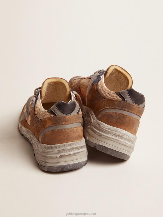FDVPX526 Golden Goose hombres Zapatillas deportivas dad-star de malla y ante color tabaco con estrella de piel blanca y refuerzo del talón de piel negra