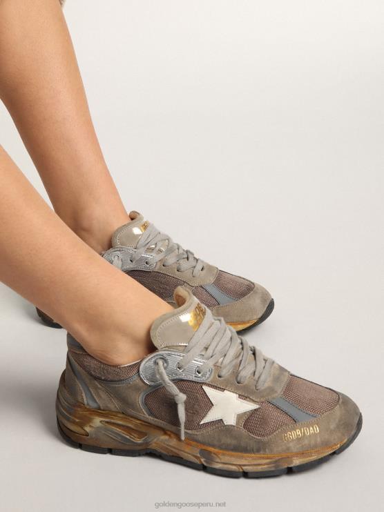 FDVPX557 Golden Goose hombres Zapatillas deportivas dad-star de malla y ante gris tórtola con estrella de piel blanca