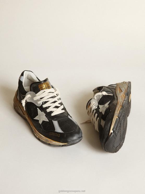 FDVPX559 Golden Goose hombres Zapatillas deportivas dad-star de malla negra y napa con estrella de ante gris hielo