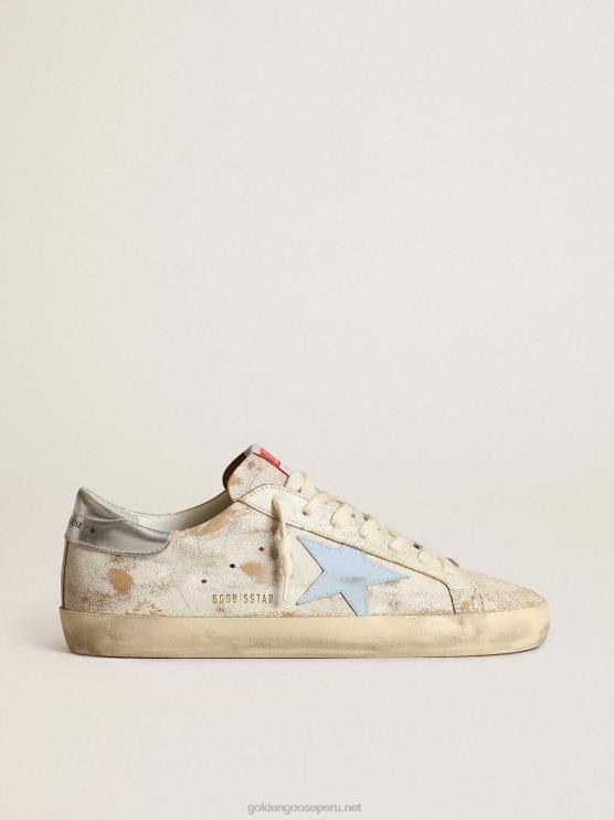 FDVPX522 Golden Goose hombres zapatillas super-star con estrella de piel azul claro ahumado y refuerzo del talón de piel plateada metalizada