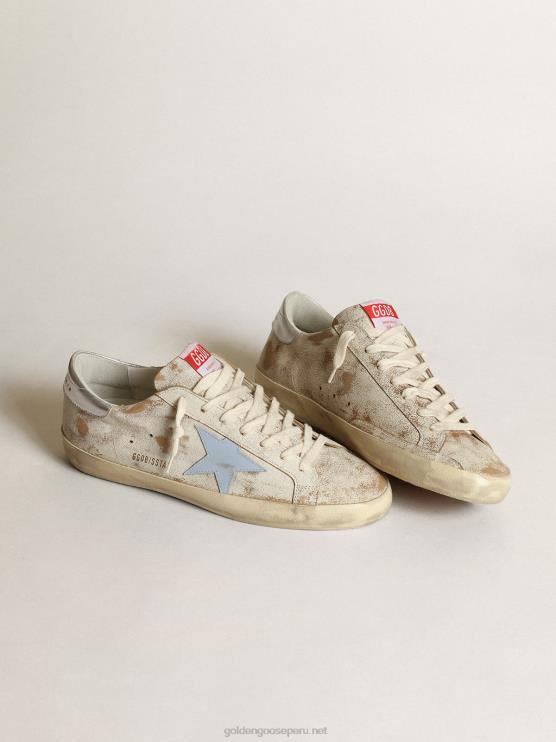 FDVPX522 Golden Goose hombres zapatillas super-star con estrella de piel azul claro ahumado y refuerzo del talón de piel plateada metalizada