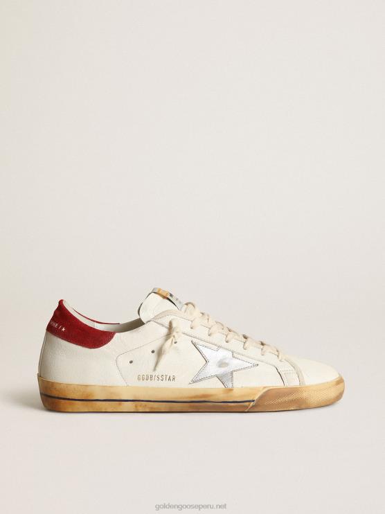 FDVPX531 Golden Goose hombres zapatillas super-star con estrella de piel plateada metalizada y refuerzo del talón de ante rojo