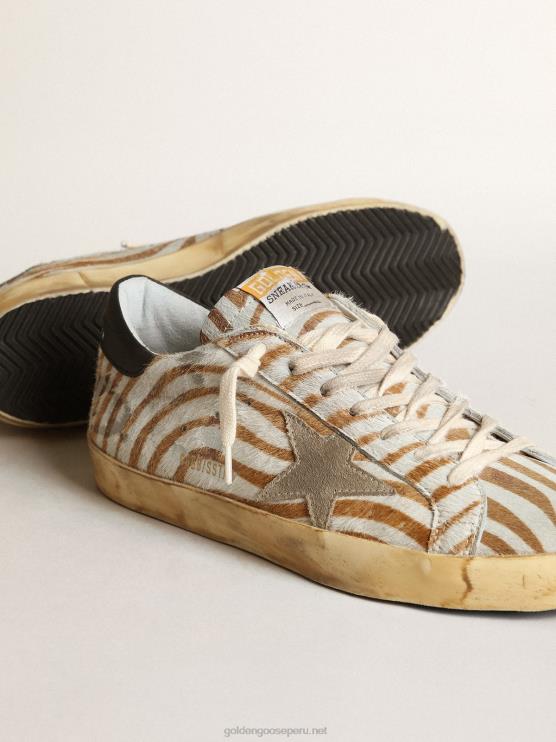 FDVPX536 Golden Goose hombres zapatillas super-star de piel de potro con estampado de cebra y estrella de ante gris tórtola