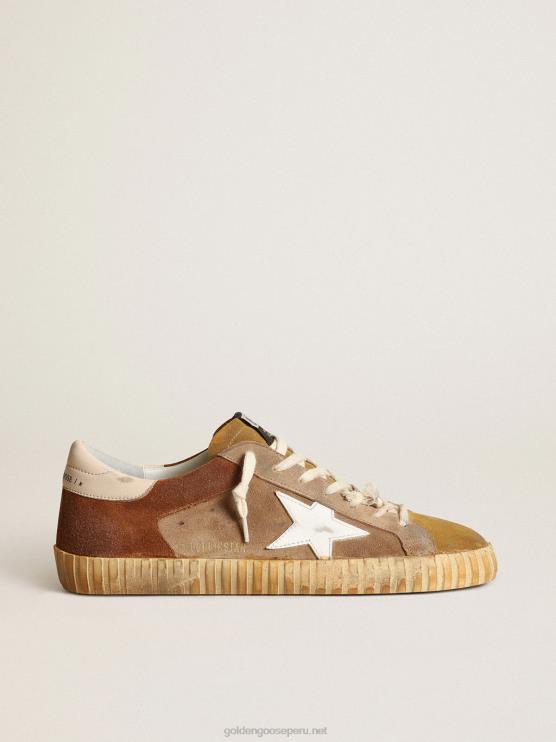 FDVPX543 Golden Goose hombres Deportivas super-star de ante tabaco y marrón con estrella de piel blanca