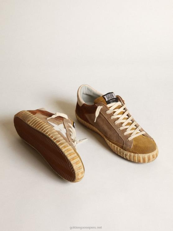FDVPX543 Golden Goose hombres Deportivas super-star de ante tabaco y marrón con estrella de piel blanca