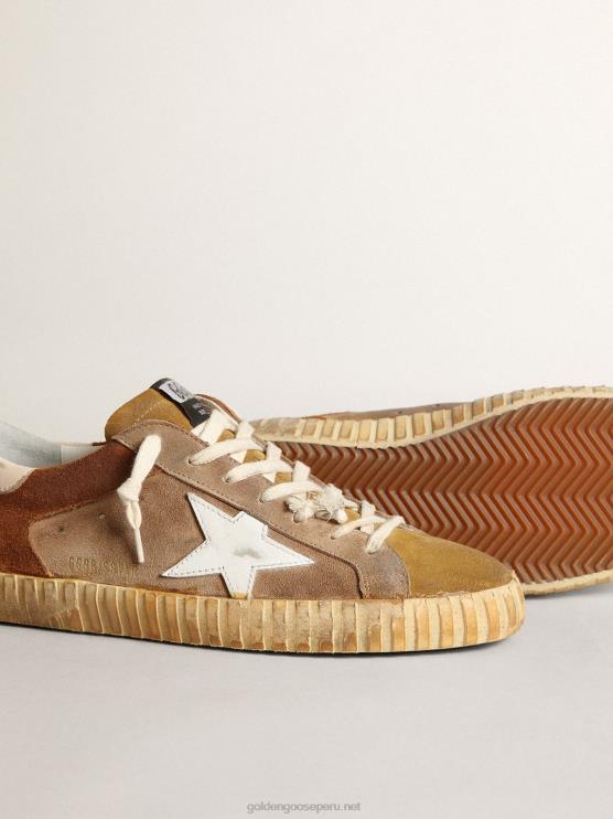 FDVPX543 Golden Goose hombres Deportivas super-star de ante tabaco y marrón con estrella de piel blanca