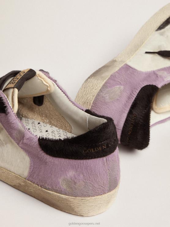 FDVPX556 Golden Goose hombres zapatillas super-star de piel de potro blanca y lila con inserciones de piel de potro negra