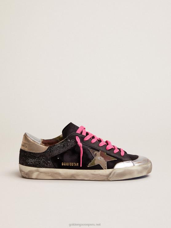 FDVPX564 Golden Goose hombres Zapatillas deportivas super-star de ante y purpurina negra con estrella de tejido de camuflaje