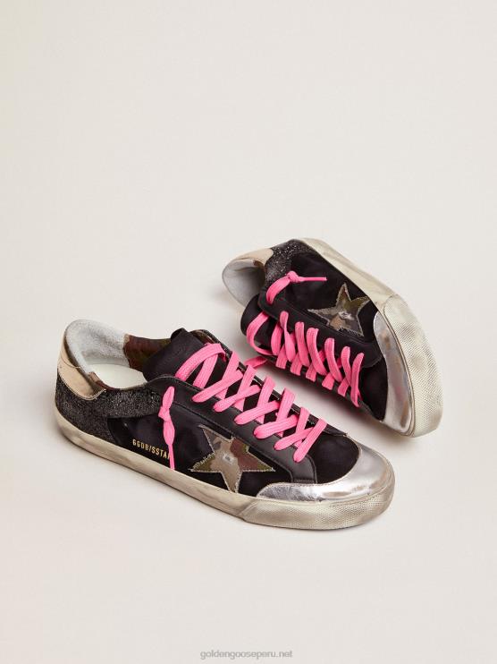 FDVPX564 Golden Goose hombres Zapatillas deportivas super-star de ante y purpurina negra con estrella de tejido de camuflaje