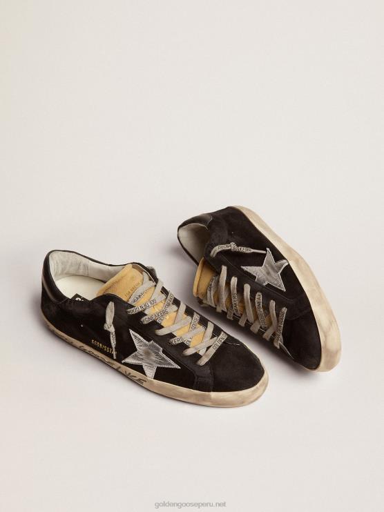 FDVPX574 Golden Goose hombres zapatillas super-star de ante negro con estrella de piel laminada plateada