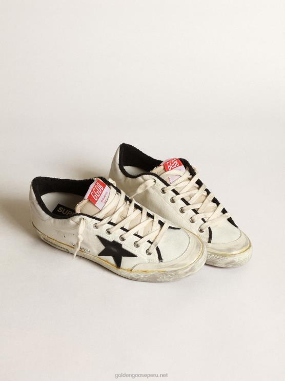 FDVPX576 Golden Goose hombres zapatillas deportivas super-star ltd de lona beige con estrella de piel negra y refuerzo del talón de piel blanca