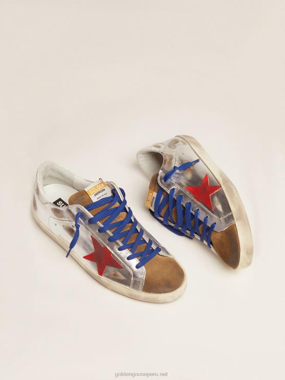 FDVPX597 Golden Goose hombres zapatillas super-star de piel laminada y ante con estrella roja