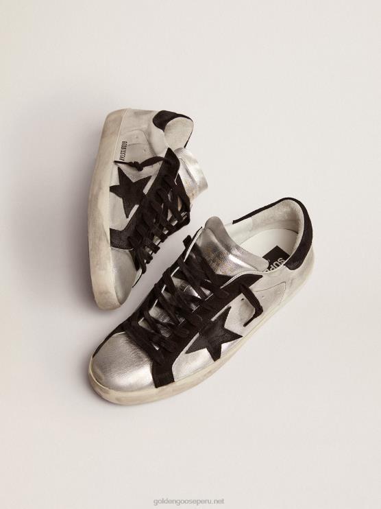 FDVPX624 Golden Goose hombres zapatillas super-star de piel plateada con inserciones en contraste
